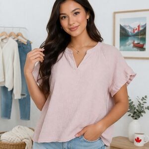 Calvin Klein Soft Blush Ruffle Sleeve V-Neck Top Size M Women's